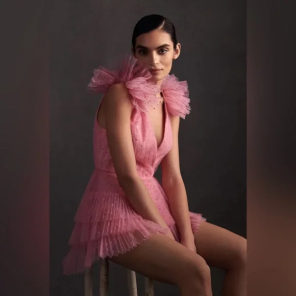 ML Monique Lhuillier Perrie Tiered Shoulder-Ruffle V-Neck Mini Dress - Picture 1 of 5